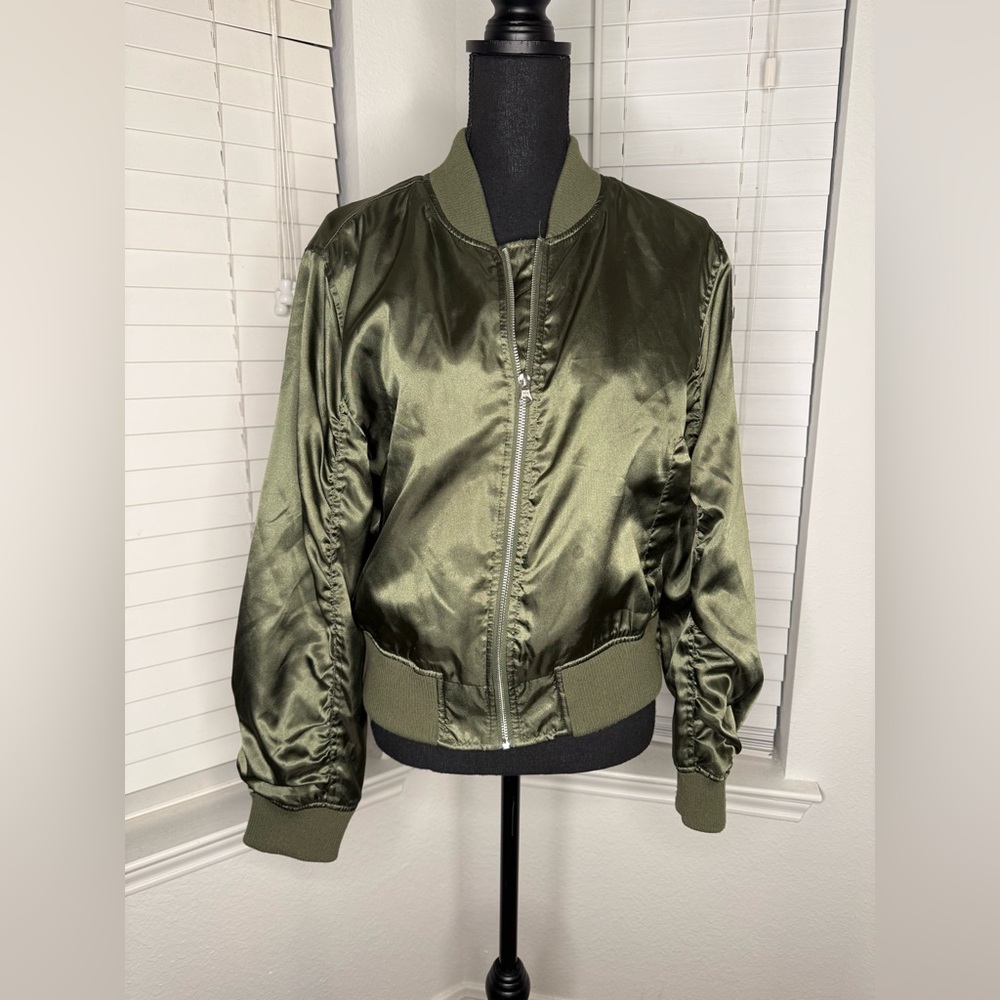 Topshop Khaki Satin Bomber Jacket Size US 8-10